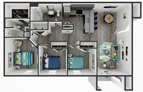 Floor plan for 3 beds, 2 baths, 1268 sqft